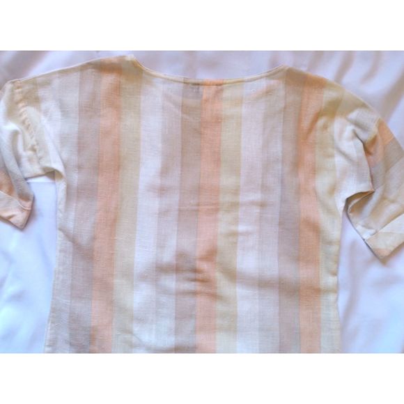 Cabrais Vintage Linen Short Sleeve Striped Neutrals Beach Short Sleeve Top L XL - Picture 3 of 10